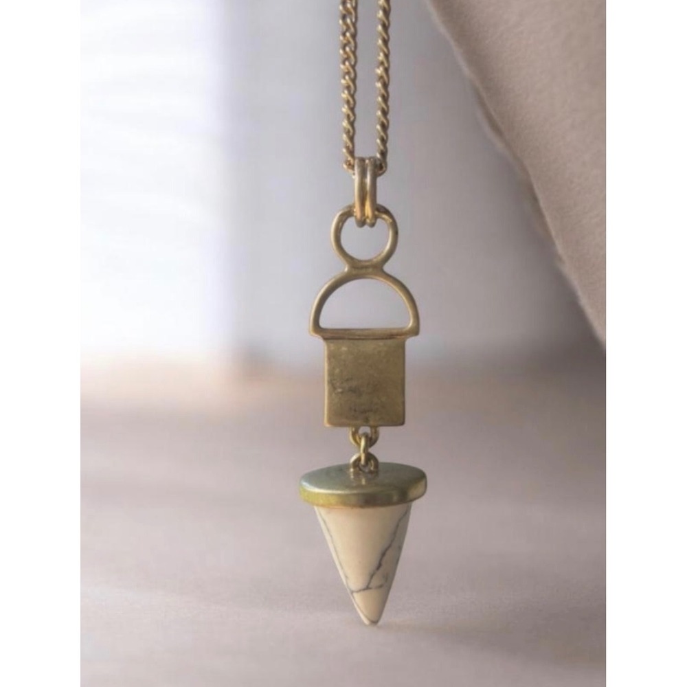 Long Marble Stone Pendant Necklace Gold Tone Chain Boho Geometric Statement NWT